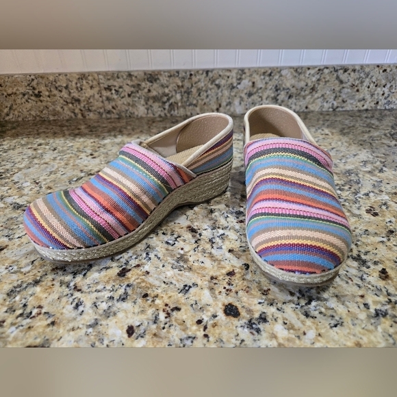 DANSKO Women's US 6 EUR 37 Rainbow Striped Canvas Vegan Clogs Platform Wicker - Picture 1 of 7